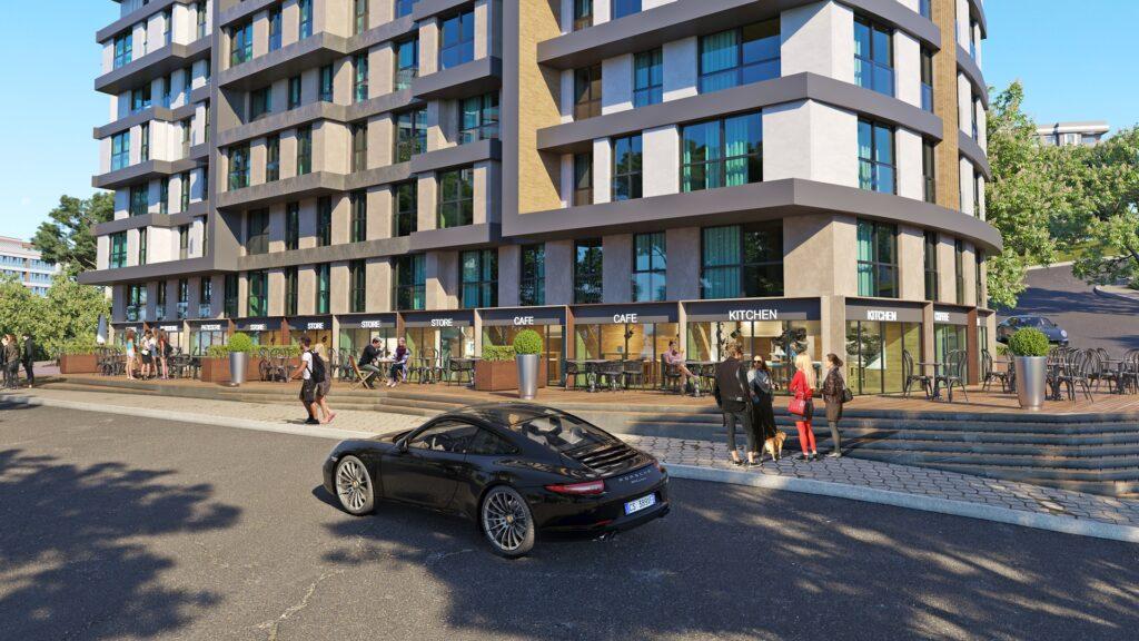 Render showing entrance to a two block new build apartment project in Kagithane