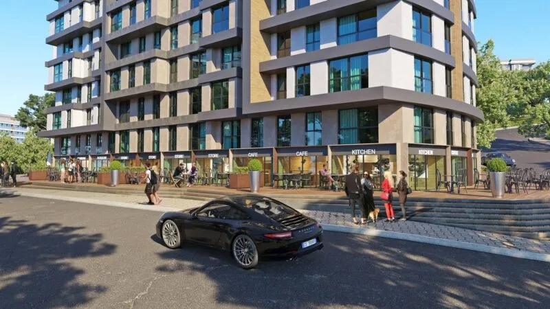 Render showing entrance to a two block new build apartment project in Kagithane