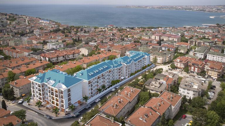 Aerial view of the apartment project showing sea views