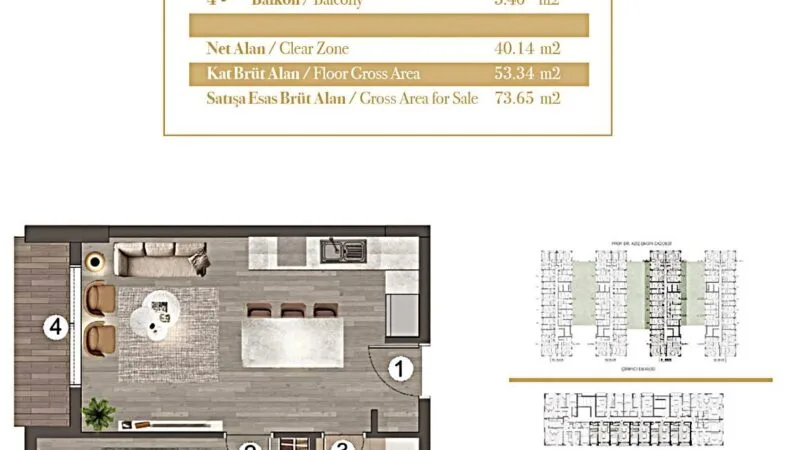 One bed apartment layout of 74 sqm.