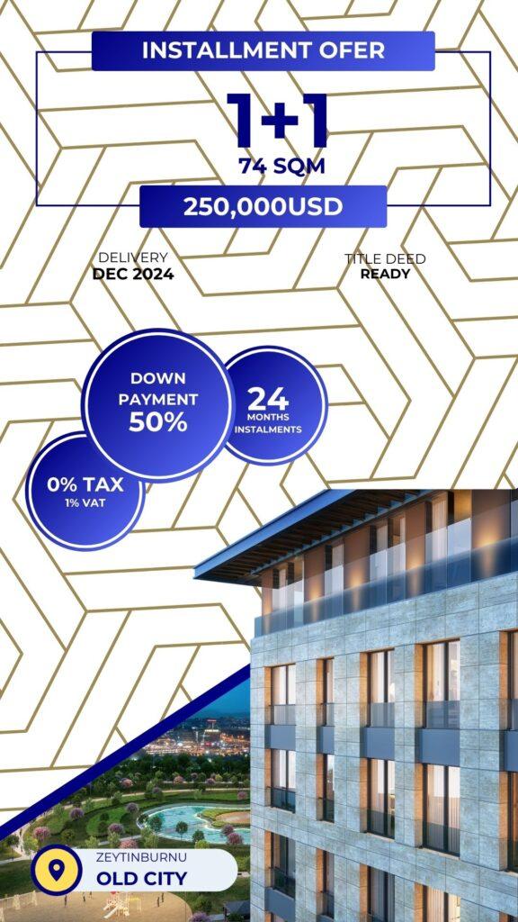 One bed apartment for sale in Zeytinburnu Istanbul. priced at $250,000. 50% downpayment 24 months interest free instalments