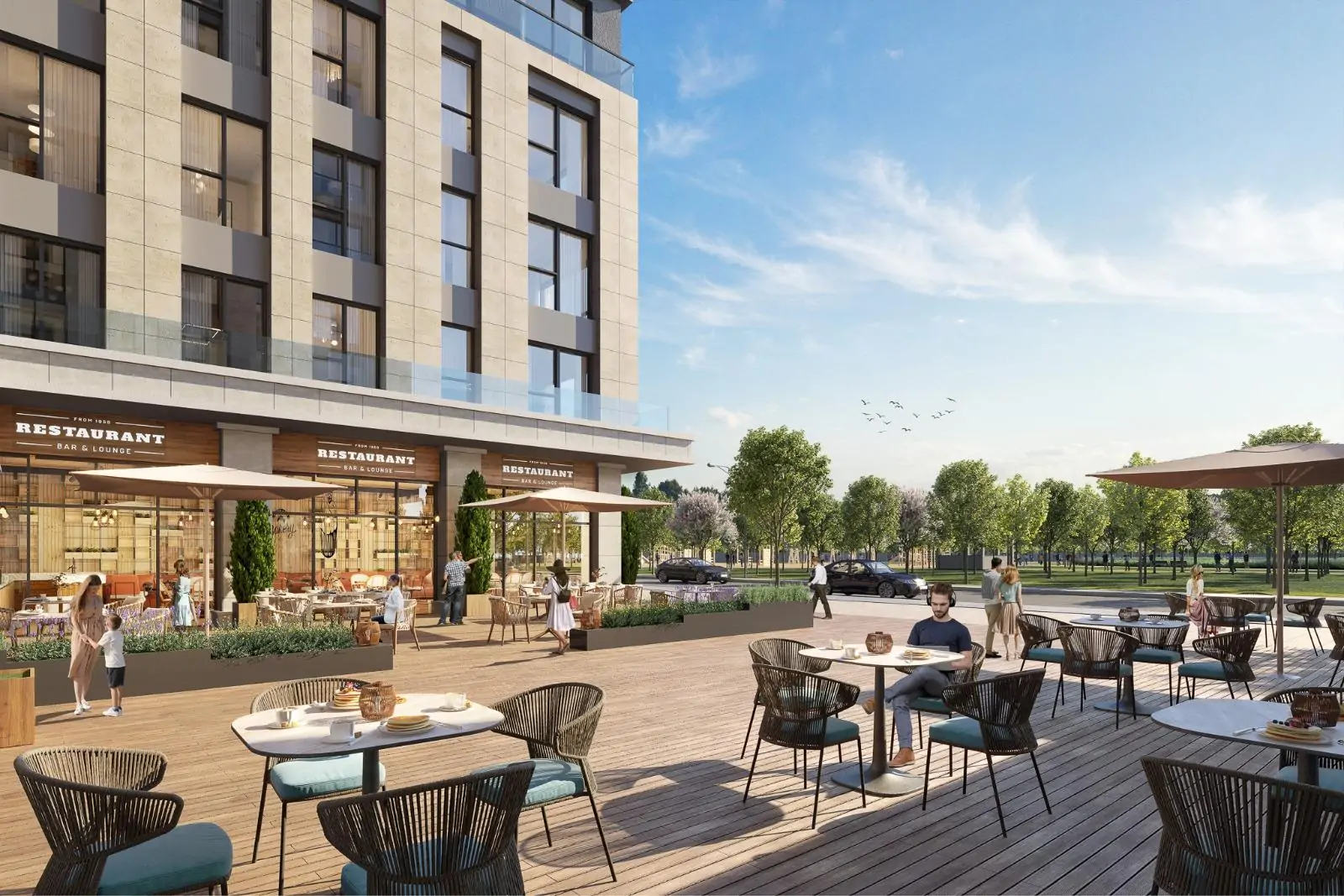 Ground level showing seating space and the apartment block