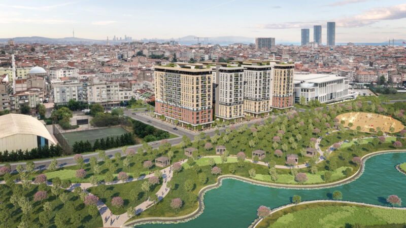 Green space with artificial lake