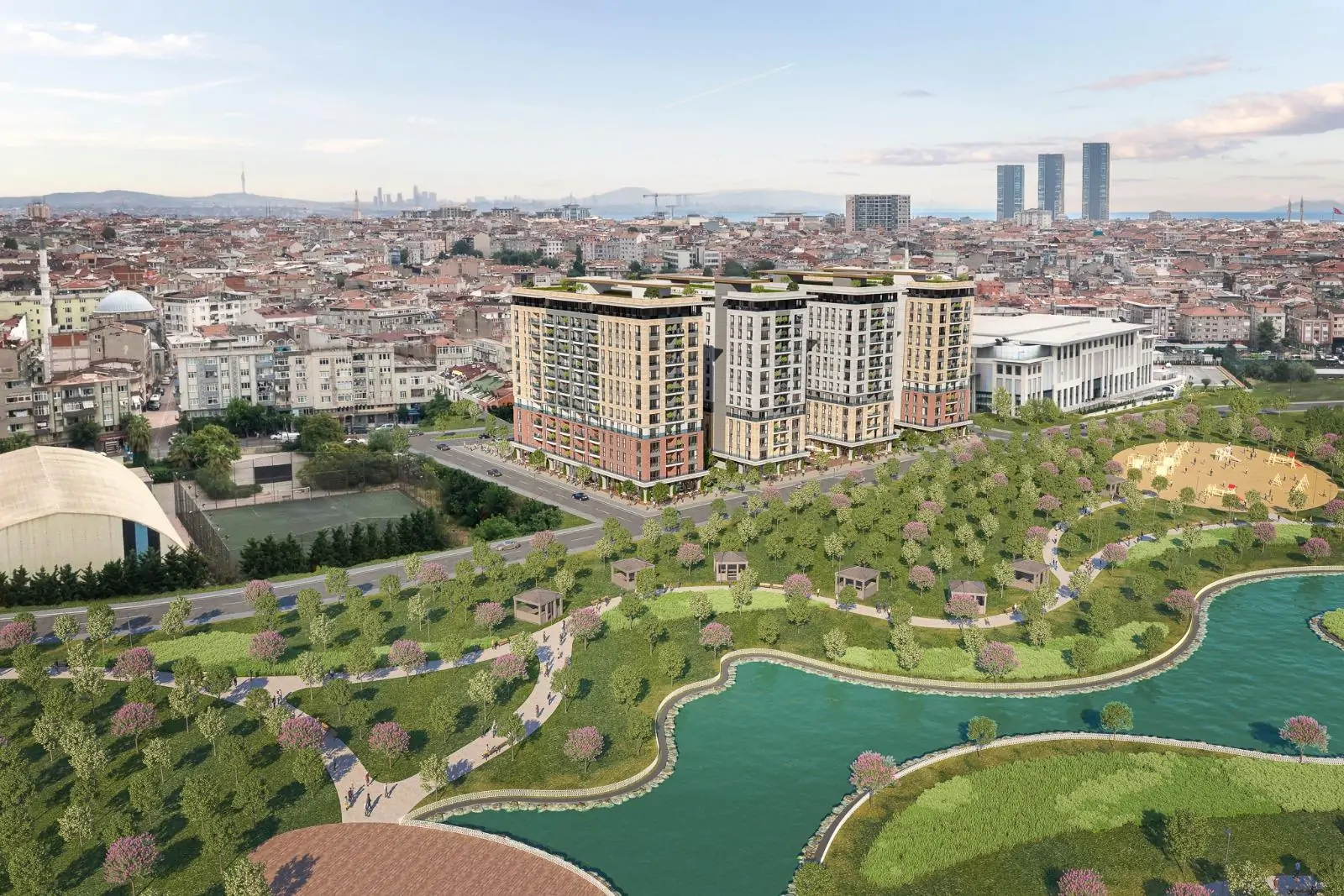 Green space with artificial lake
