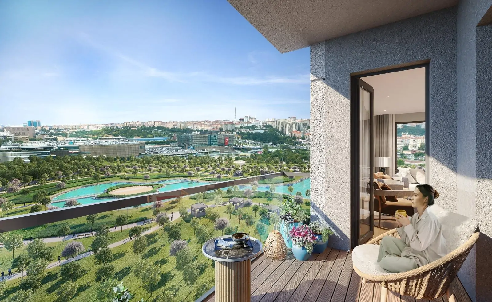 Balcony overlooking a large city park