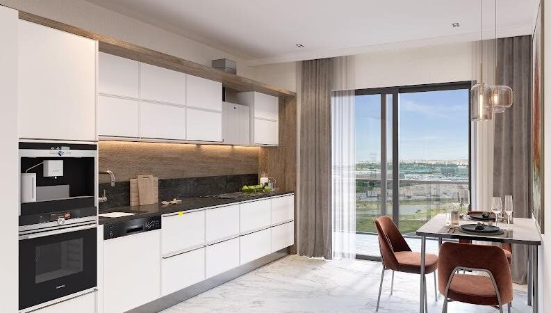 Kitchen with white cabinets and floor to ceiling windows
