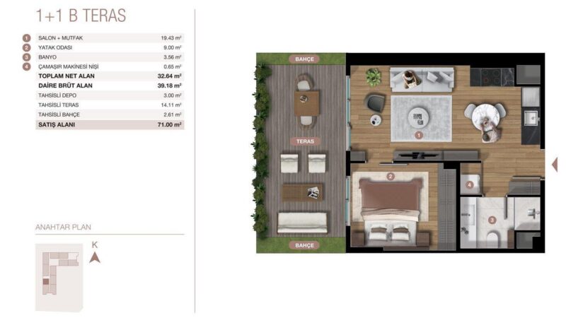 One bed floor plan With Terrace