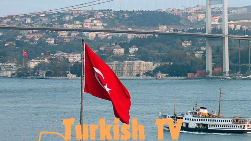 Turkish TV Dramas text on a backdrop of the Bosphorus bridge