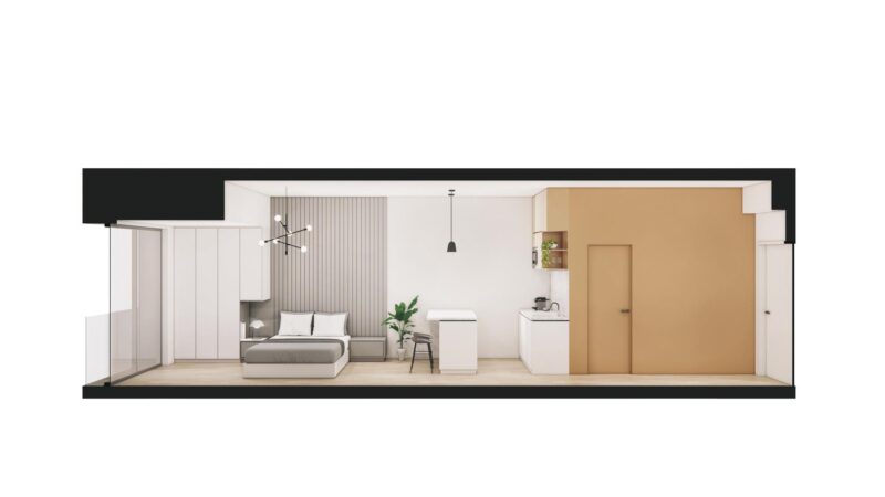 2D side view floor plan of a loft apartment