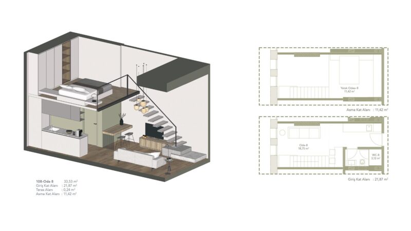 3D floor plan of a loft apartment