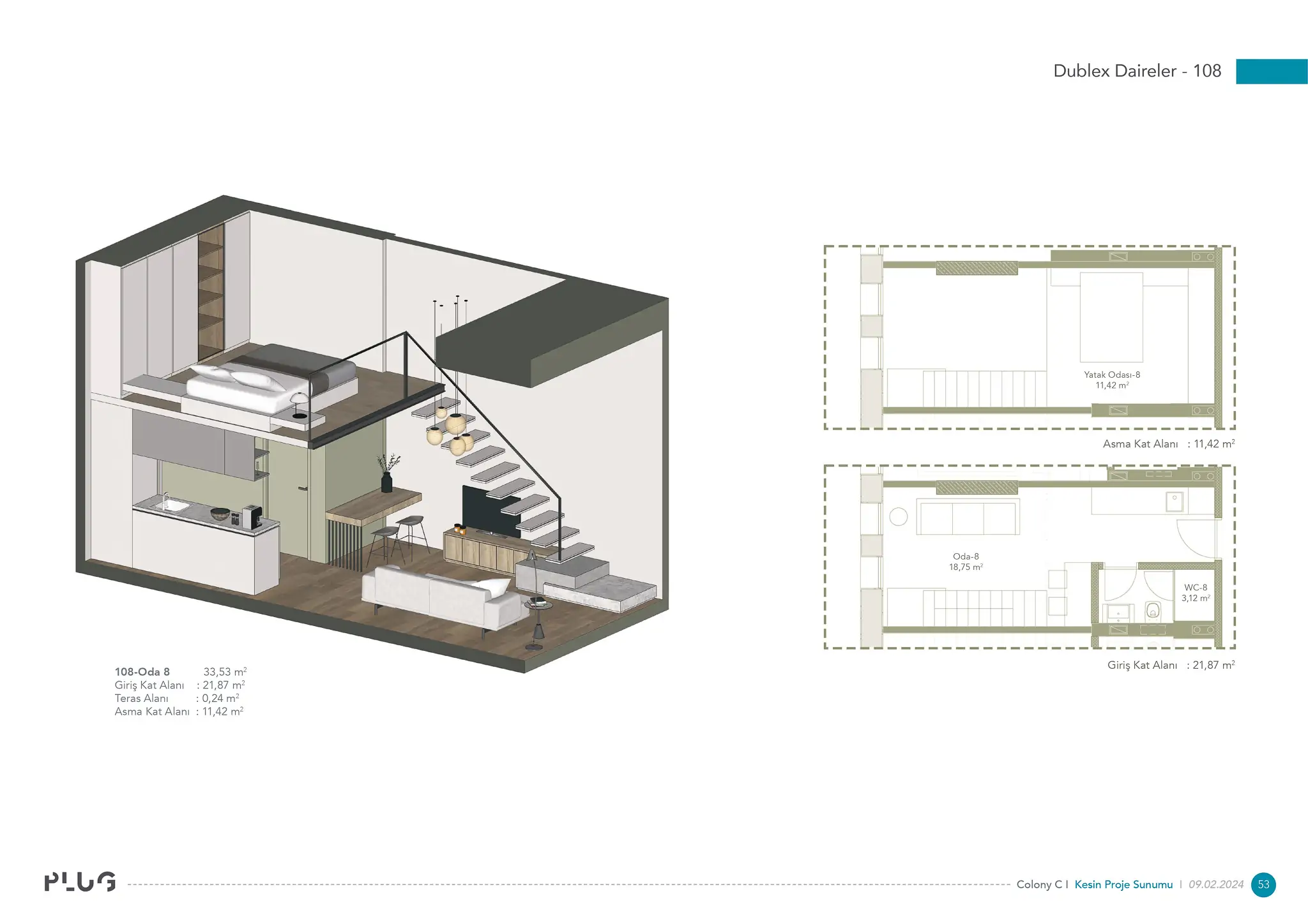 3D floor plan of a loft apartment