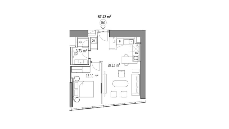 Floor plan for a one bed in Bomonti with city views, 13th floor, 86 sqm, priced at $525,000