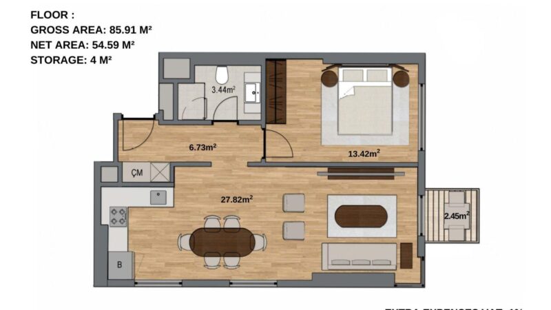 Floor plan for a one bed in Bomonti with city views, 8th floor, 86 sqm, priced at $550,000