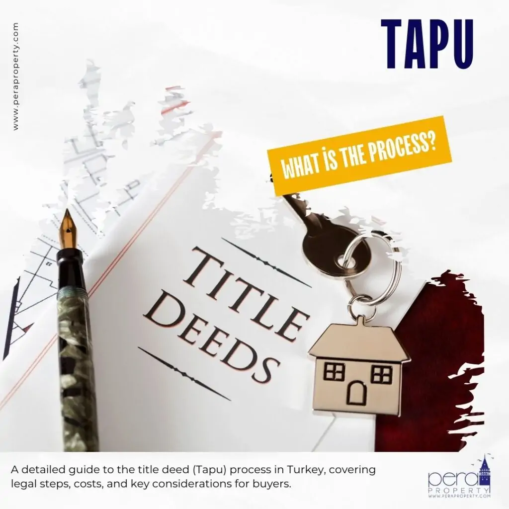 Image of a title deed, a fountain pen, and a set of house keys.